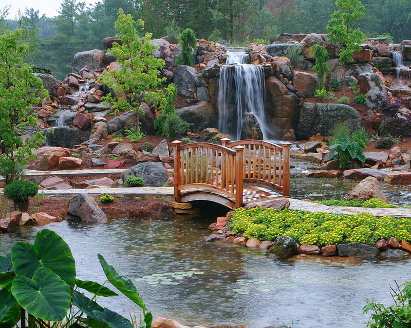 Garden, bonito, bridge, endearing, path, pond, waterfall, HD wallpaper