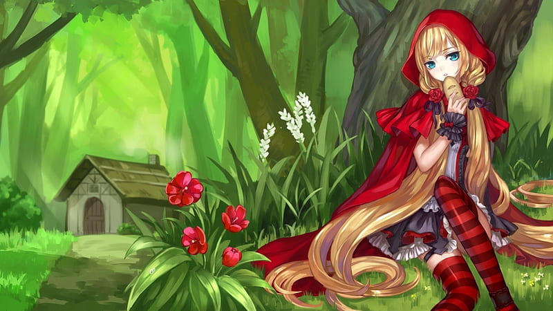 Red Hood, red, pretty, dress, house, blond, home, bread, bonito, adorable, red riding hood, sweet, nice, green, anime, beauty, anime girl, long hair, forest, little red riding hood, female, lovely, blonde, blonde hair, blond hair, cute, kawaii, girl, fairy tales, lady, scene, maiden, HD wallpaper