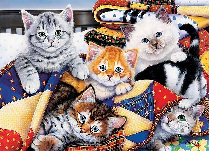 cats-art-painting-cute-kitten-jenny-cat--of-dancing, Spielen, freunde, Cats, Deutschland, HD wallpaper