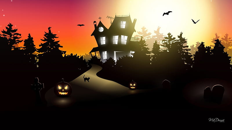 Crooked Halloween House, bats, jack o lanterns, haunted house, grave yard, country, trees, sky, graves, black cat, scary, Halloween, Firefox Persona themes, HD wallpaper