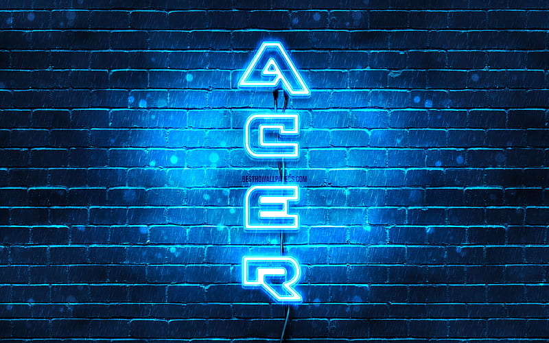 Acer blue logo, vertical text, blue brickwall, Acer neon logo, creative, Acer logo, artwork, Acer, HD wallpaper