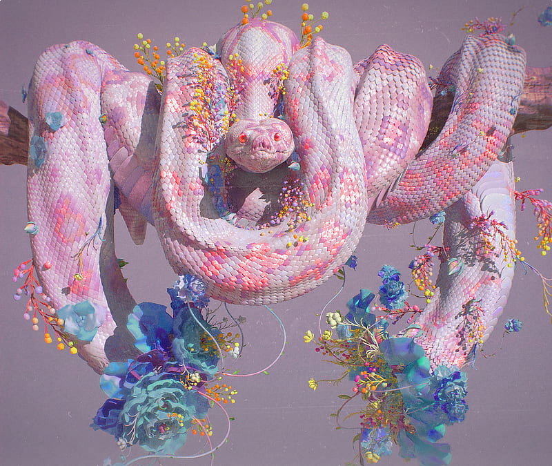 Flower python, art, luminos, yuuki morita, python, fantasy, flower, pink, blue, snake, HD wallpaper