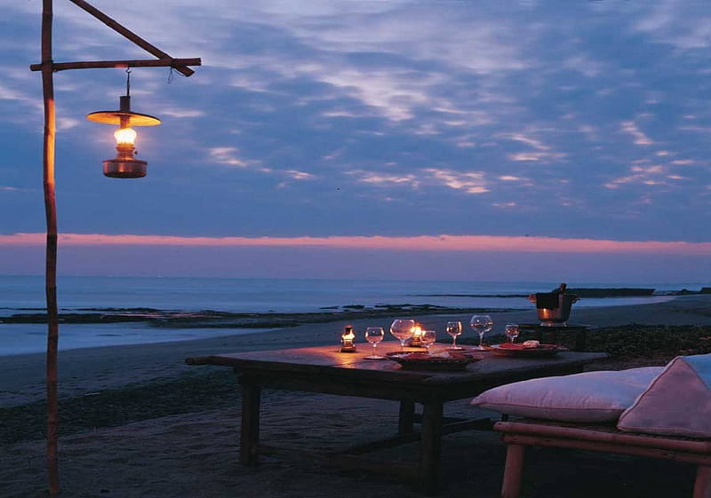 Relax and Enjoy, beach, lantern, ocean, seats, candlelight, night, HD wallpaper