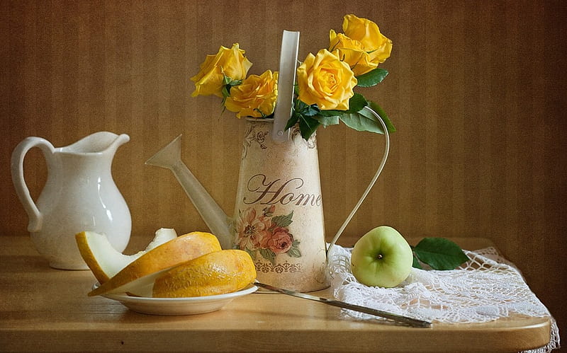 still life, pretty, rose, lace, home, yellow, bonito, gently, knife, fruit, graphy, nice, jug, flowers, beauty, harmony, apple, lovely, romantic, romance, soft, delicate, roses, elegantly, cool, bouquet, flower, melon, HD wallpaper