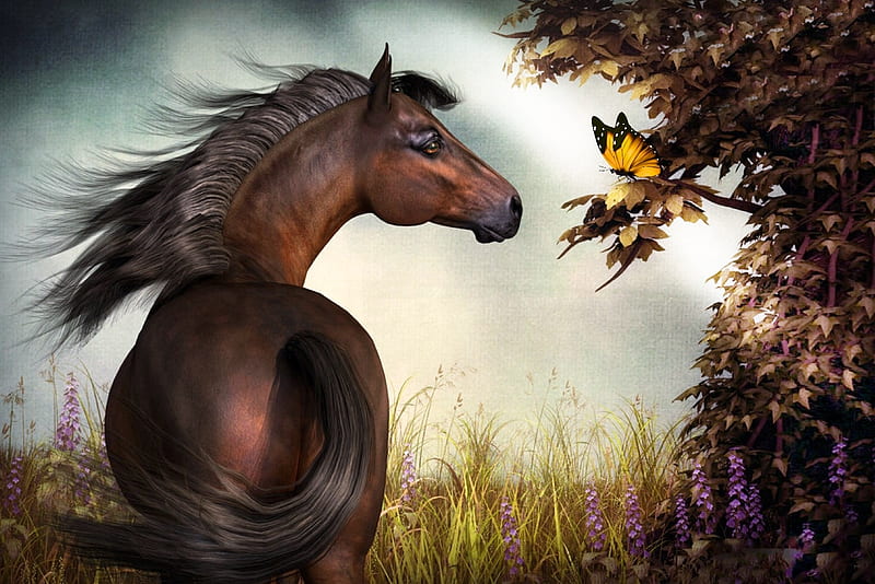 Strength Meets Delicacy, butterfly, digital, Painting, horse, softness, HD wallpaper