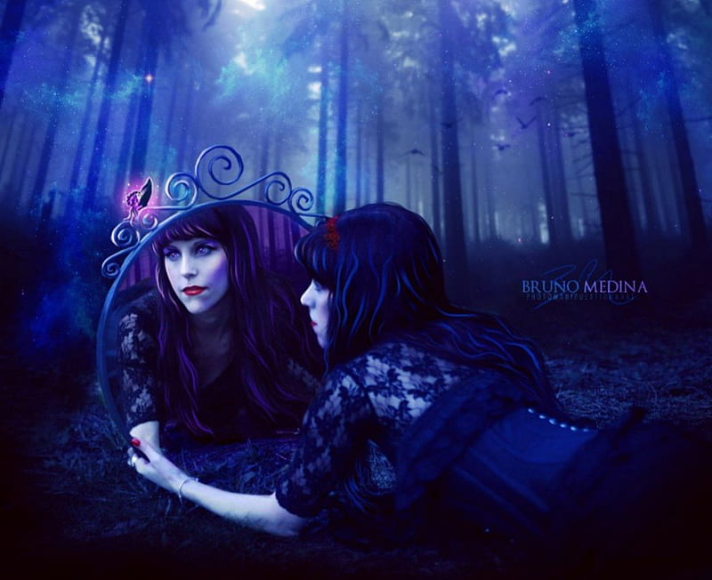 Two Worlds, forest, fantasy, mirror, lady, blue, HD wallpaper