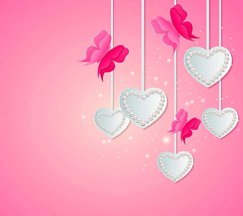 Butterflies Hearts, abstract vector, butterflies, corazones, love, pearls, pink, white, HD wallpaper
