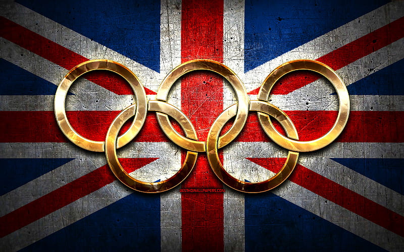 Great Britain olympic team, golden olympic rings, Great Britain at the Olympics, creative, Great Britain flag, metal background, United Kingdom Olympic Team, flag of United Kingdom, HD wallpaper