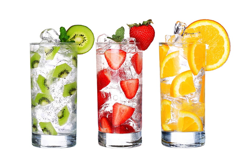 Summer drinks, red, cocktail, orange, strawberry, kiwi, yellow, glass, fruit, vara, green, summer, drink, HD wallpaper
