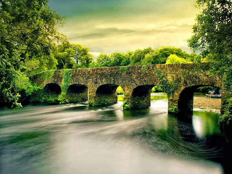 Stone bridge over the river, stream, riverbank, bonito, clouds, nice, bridge, stone, river, reflection, lovely, greenery, floating, sky, trees, water, peaceful, summer, nature, HD wallpaper