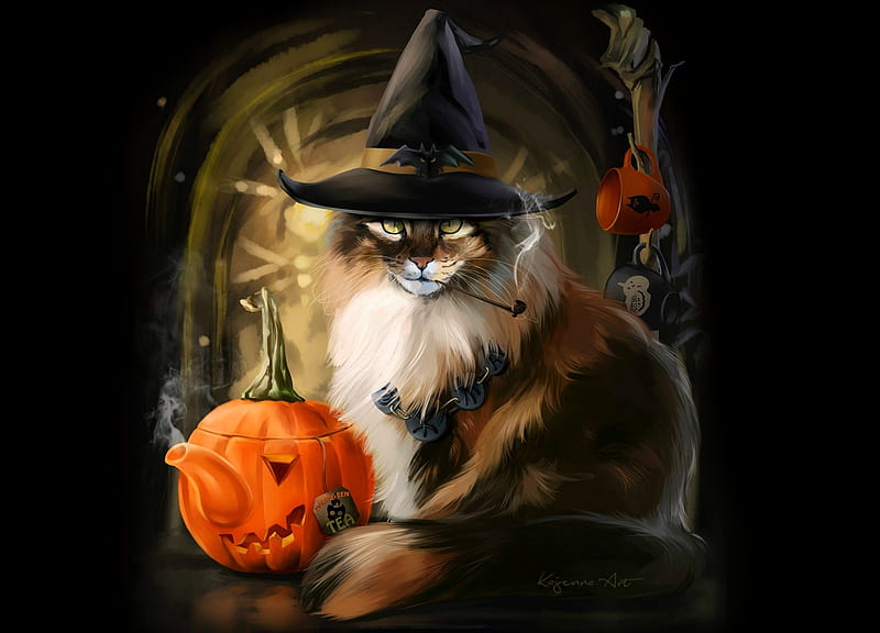 Happy Halloween!, witch, art, lorri kajenna, luminos, orange, halloween, black, cat, hat, fantasy, lucius, pumpkin, pisica, HD wallpaper