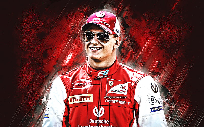 Mick Schumacher, German racing driver, Formula 2, portrait, red stone background, son of Michael Schumacher, racers, HD wallpaper