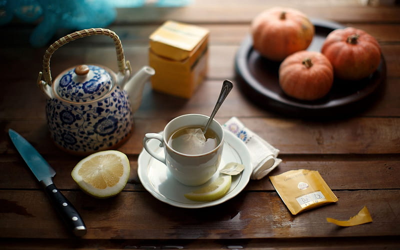 lemon, tea still life, knife, teapot, HD wallpaper