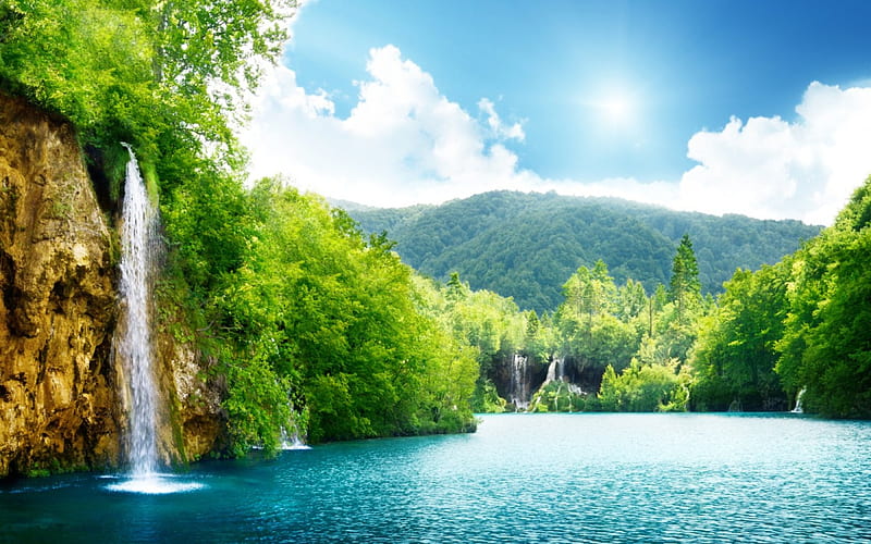 Deep Forest Waterfall, green, waterfall, sunshine, trees, lake, blue, HD wallpaper