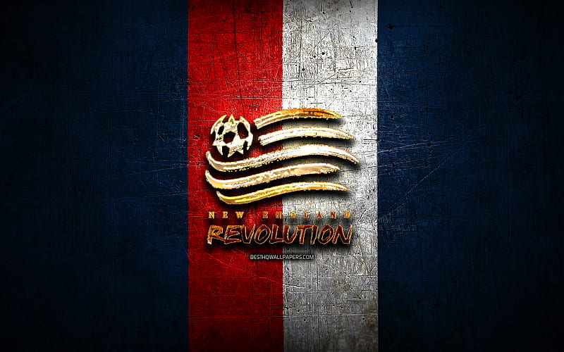 New England Revolution, golden logo, MLS, blue metal background, american soccer club, New England Revolution FC, United Soccer League, New England Revolution logo, soccer, USA, HD wallpaper