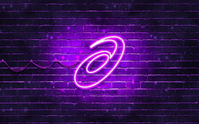 ASICS violet logo violet brickwall, ASICS logo, sports brands, ASICS neon logo, ASICS, HD wallpaper