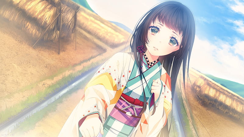 Japanese Girl, pretty, japanese, kimono, cute, japan, girl, sad, village, scenery, long hair, HD wallpaper