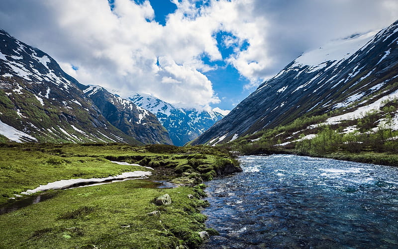 mountain river, mountain landscape, rocks, river, mountains, clouds, sky, Norway, HD wallpaper