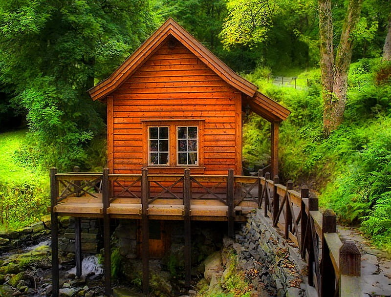 Forest cabin, fence, stream, red, house, grass, cottage, woods, cabin, bonito, green, river, forest, calmness, creek, trees, water, peaceful, nature, HD wallpaper