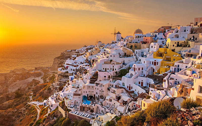 Santorini, Oia, Thira, seascape, Aegean, Santorini cityscape, Greece, sea, sunset, evening, HD wallpaper