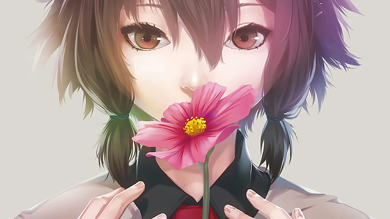 Random Anime Girl, flower, brown haired, girl, anime, HD wallpaper