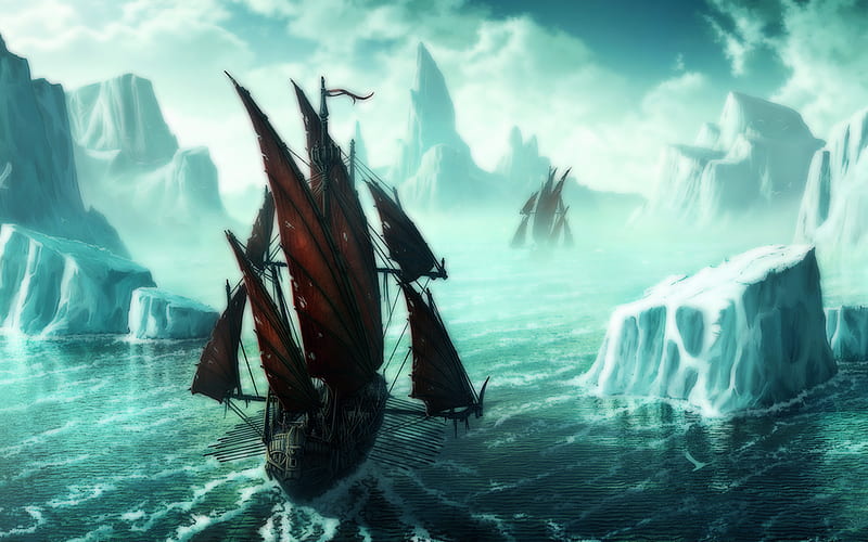 Ships on the Ice Sea, ships, dark red, surviving, waves, clouds, icebergs, fog, water, green, ice sea, battered sails, HD wallpaper