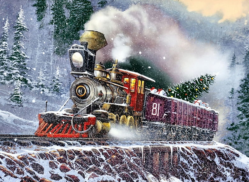 Holiday Express F1, railroad, art, locomotive, bonito, artwork, train, engine, painting, wide screen, tracks, HD wallpaper