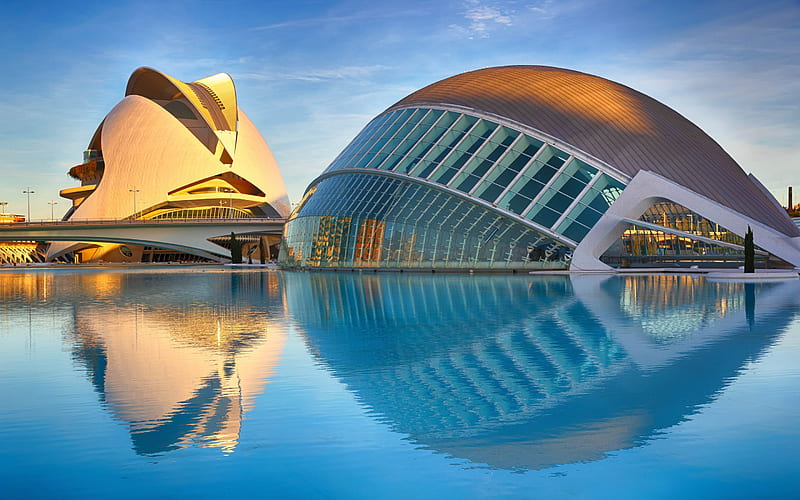 Valencia, City of Arts and Sciences, modern architectural complex, sunset, evening, landmark, Spain, HD wallpaper