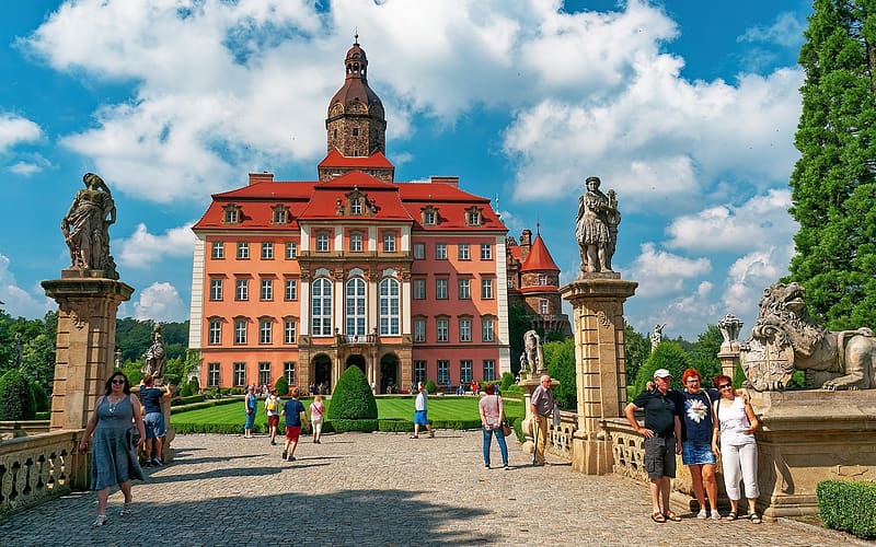 Książ Castle, Poland, lane, Poland, castle, sculptures, HD wallpaper