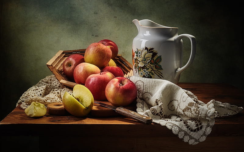 Apples Still Life still life, wooden, apples, jug, HD wallpaper