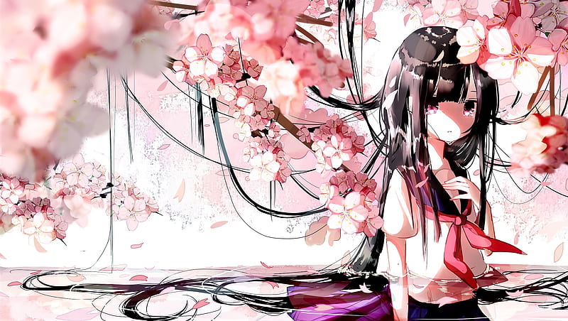 crying, anime girl, school uniform, sakura blossom, water, Anime, HD wallpaper