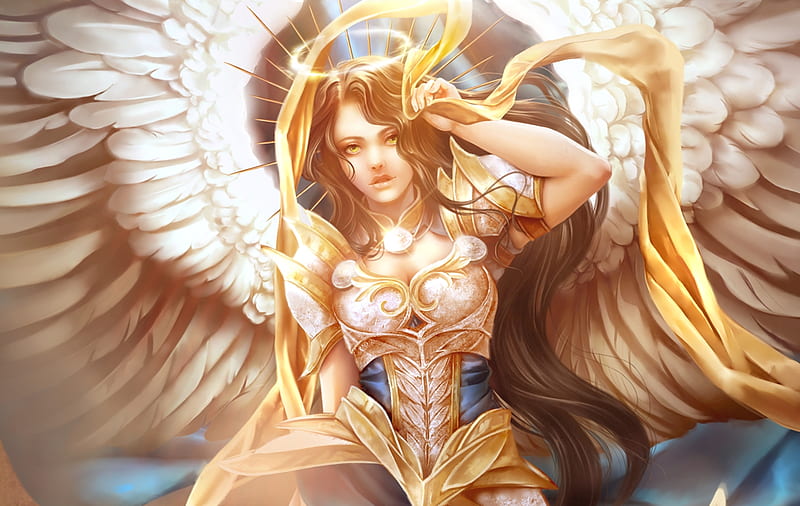 Xyandreal, aramisdream, wings, fantasy, luminos, girl, angel, golden, white, HD wallpaper