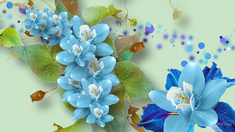 Blue Floral on Green, leaves, spots, summer, flowers, vines, firefox persona, spring, floral, HD wallpaper
