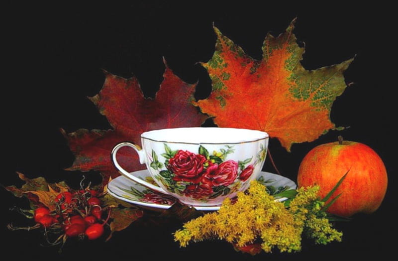 Autumn teatime, red, autumn, brown, fruits, background, yellow, tea, floral, still life, graphy, leaves, flowers, season, porcelain, apple, black, abstract, ofilite, cup, white, withered, rosehip, HD wallpaper