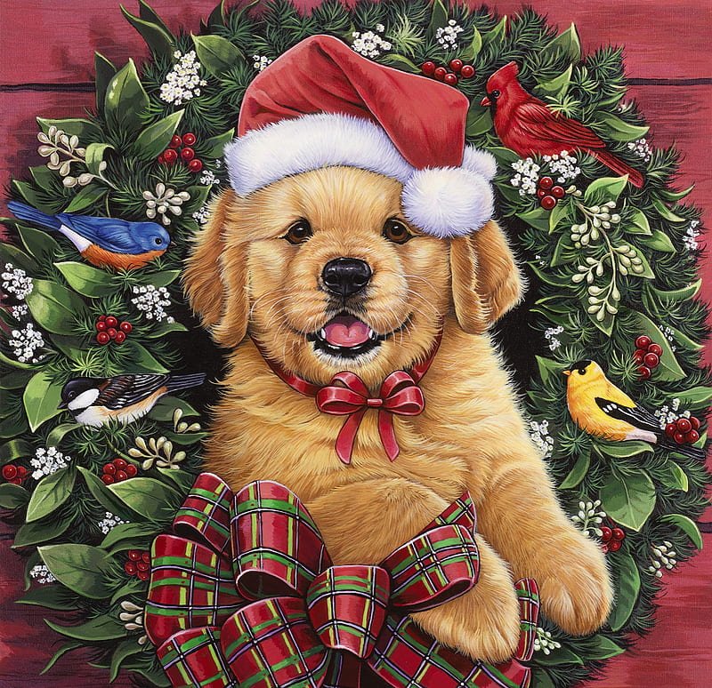 Christmas puppy, jenny newland, hat, puppy, dog, animal, wreath, craciun, christmas, caine, santa, bird, HD wallpaper