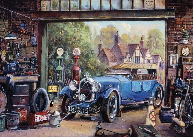 Vintage Car, oldtimer, house, painting, shed, workshop, HD wallpaper