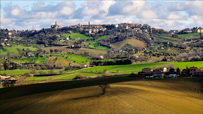 beautiful italian town in the le marche region, hills, town, farms, fields, sky, HD wallpaper