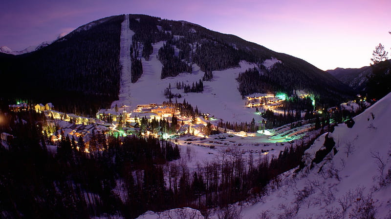 ski resort, ski lift, snow, town, dusk, lights, HD wallpaper