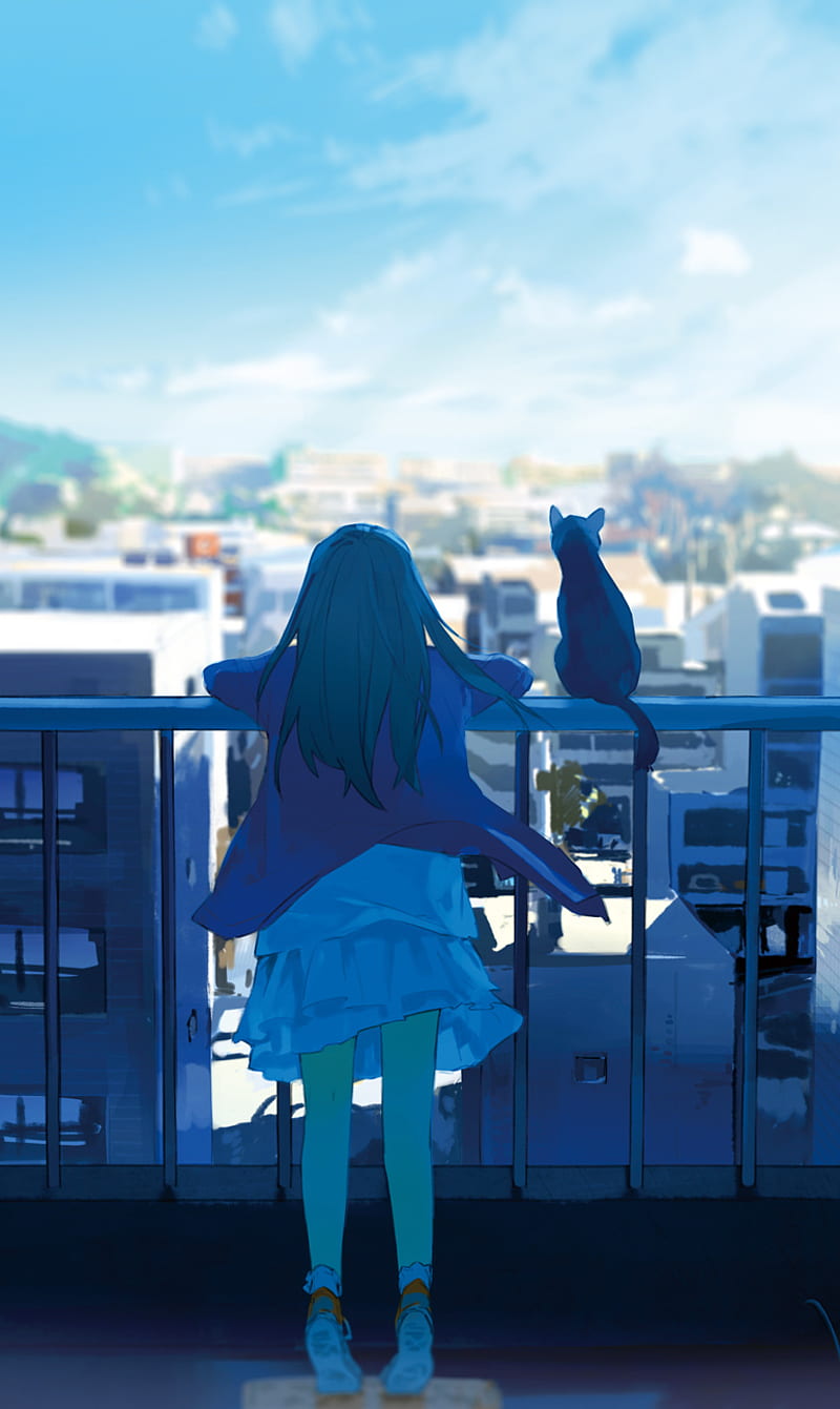 Lonely me, balcony, blue, cat, city, drawn, girl, landscape, sky, HD phone wallpaper