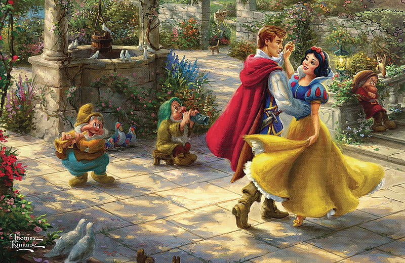 Snow White dance, pictura, dwarf, thomas kinkade, couple, red, art, luminos, snow white, gnome, yellow, fantasy, painting, dance, HD wallpaper