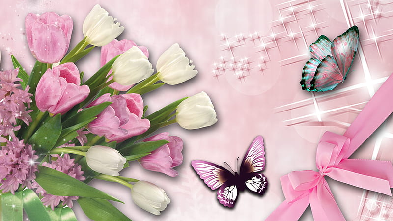 Springs Gift, stars, ribbon, butterflies, spring, bow, lilacs, summer, flowers, tulips, HD wallpaper