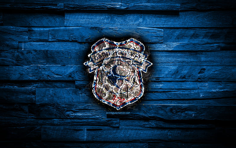 Cardiff City FC, fiery logo, blue wooden background, Premier League, english football club, FC Cardiff City, grunge, football, Cardiff City logo, fire texture, England, soccer, HD wallpaper