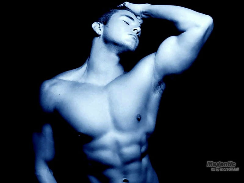 Muscles, male, model, men, hot, man, blue, HD wallpaper