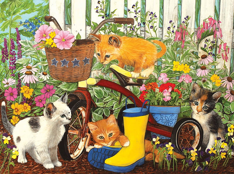 I can't reach the pedals, art, boot, bycicle, yellow, cat, cute, painting, summer, garden, funny, kitten, pictura, pisica, HD wallpaper
