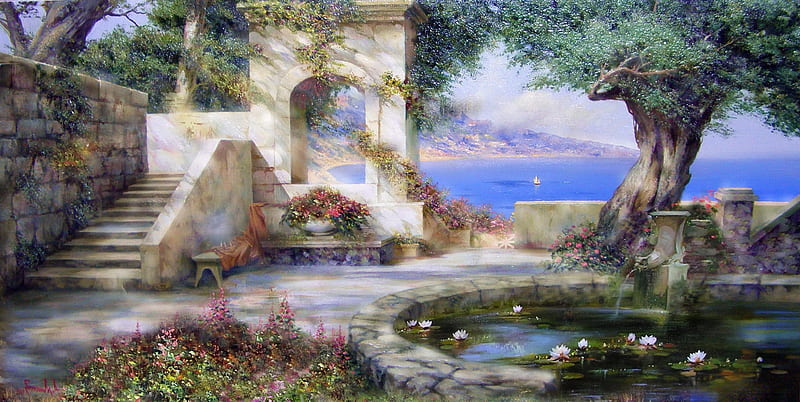 Heaven Garden, Water, Heaven, Garden, Sky, Flowers, Nature, Birds, HD wallpaper