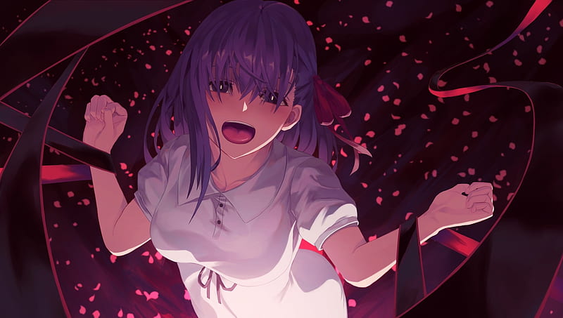 matou sakura, fate stay night, scream, petals, purple hair, Anime, HD wallpaper