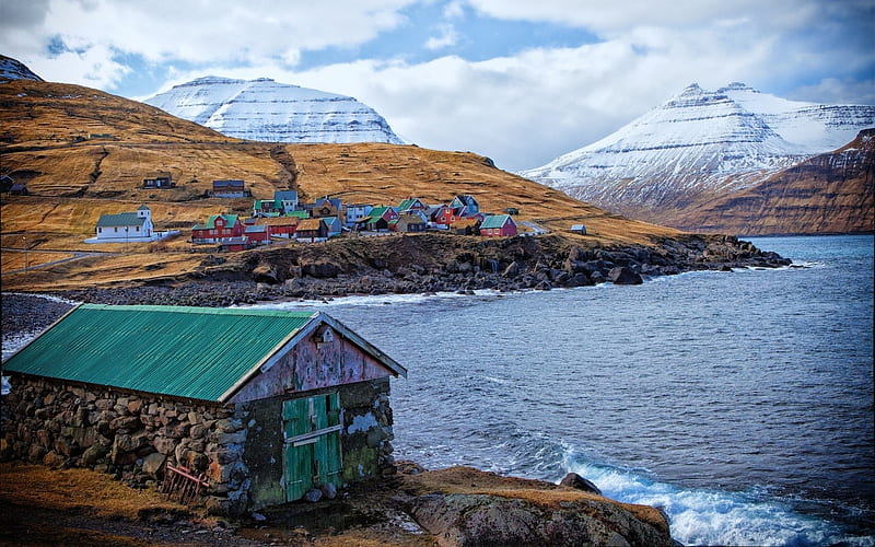 Faroe Islands , Denmark, lake, denmark, cottage, mountains, nature, island, HD wallpaper