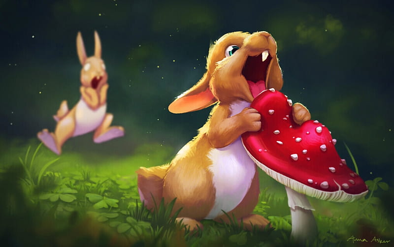 Bunny eating an Agaric, anna asker, rabbit, fantasy, luminos, mushroom, bunny, poison, HD wallpaper