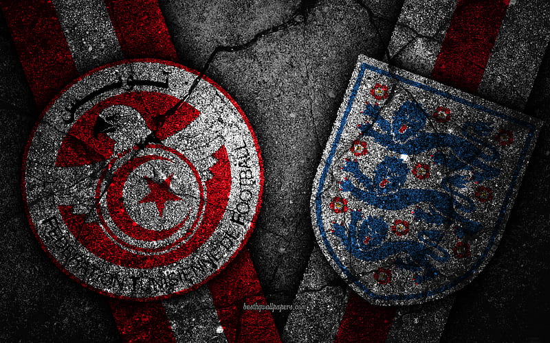 Tunisia vs England FIFA World Cup 2018, Group G, logo, Russia 2018, Soccer World Cup, Tunisia football team, England football team, black stone, asphalt texture, HD wallpaper