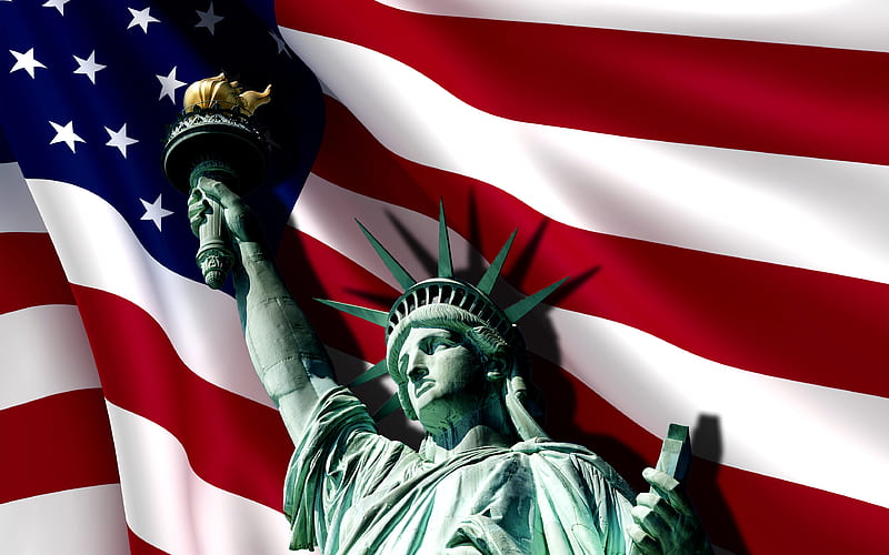 Statue of Liberty, American flag 3d art, flag of America, symbols of USA, America, USA, US flag, HD wallpaper
